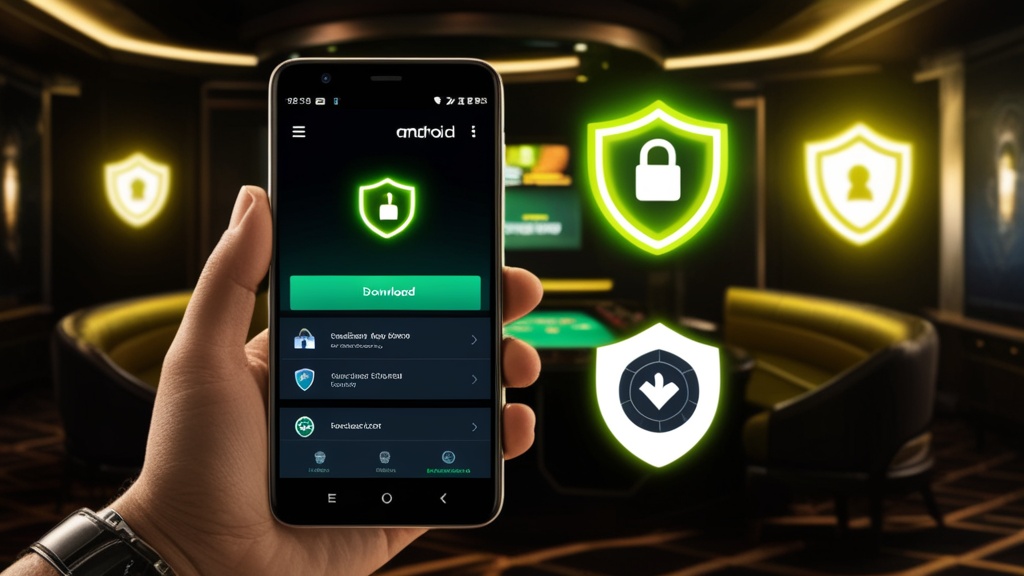 Telemóvel Android com ecrã de download e ícones de segurança no casino