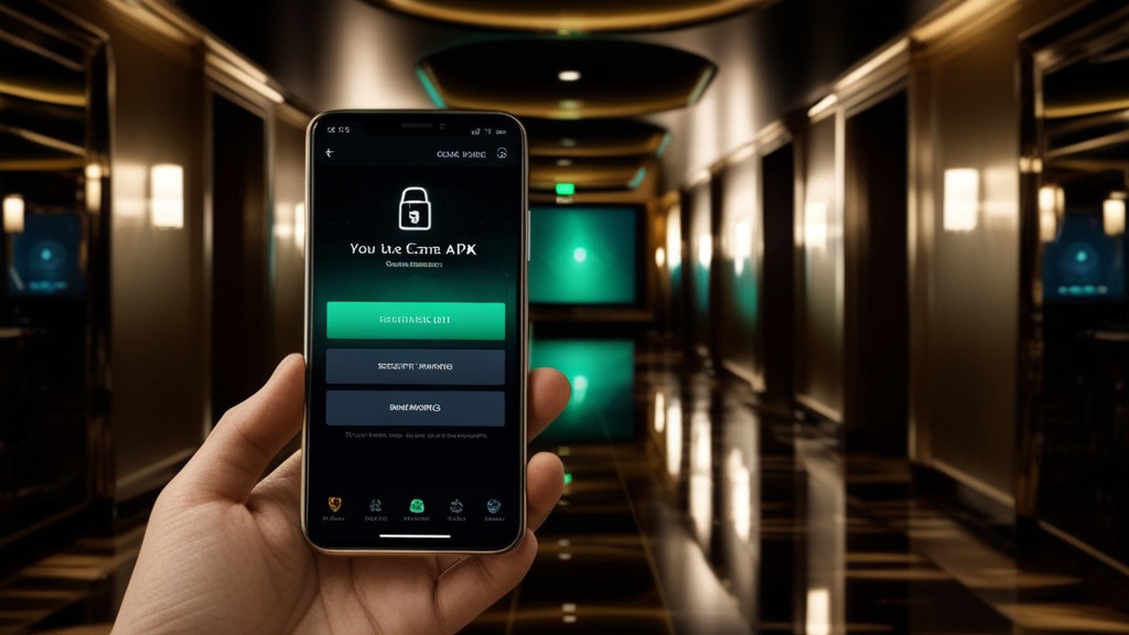 Smartphone exibindo instalação de APK num ambiente de casino escuro