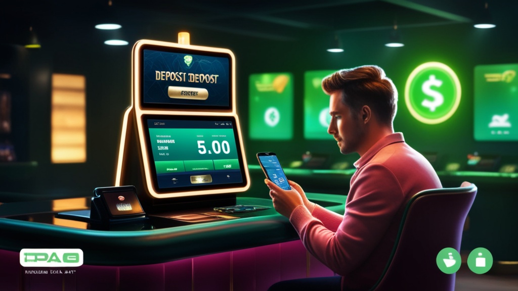 Jogador a ver o depósito mínimo num terminal de casino com luz verde