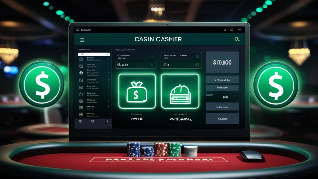 Tela de cashier com opções de depósito e levantamento num casino escuro